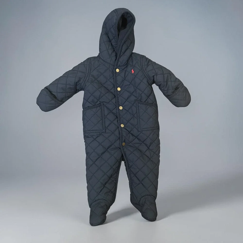 Ralph Lauren Kids Navy‎ Blue Quilted Hooded Bunting Snowsuit Fleece Lined 9M